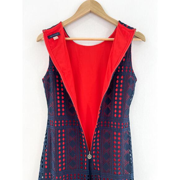 Tommy Hilfiger Navy Red Lace Overlay Mini Dress 4 Preppy Academia Americana - Picture 4 of 7